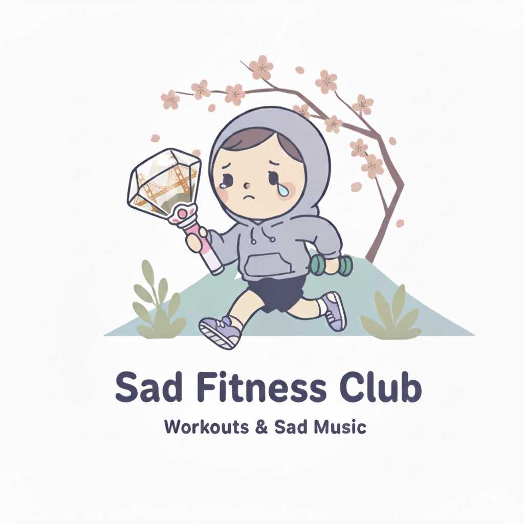 A cartoon character in a purple hoodie running with a sad expression and a teardrop, holding a K-Pop lightstick and a dumbbell. A cherry blossom branch is in the background. The text below reads 'Sad Fitness Club, Workouts & Sad Music'